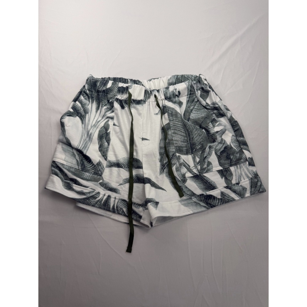 Women's Size L Tropical Palm Leaf Drawstring Shorts Green White Beach Resort